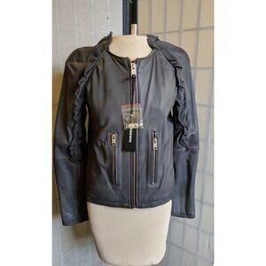DIESEL Women's LEATHER JACKET Charcoal Gray L’HEZE Ruffle Detail NWT